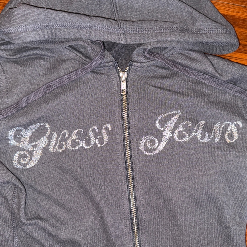 Y2K Guess Jeans Bedazzled Rhinestone Hoodie | Grey Zip Up Athleisure Sweatshirt